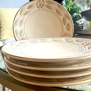 Pier 1 Imports Set of 5 ABBY 8.5” Salad Plates Green & Brown Embossed Floral